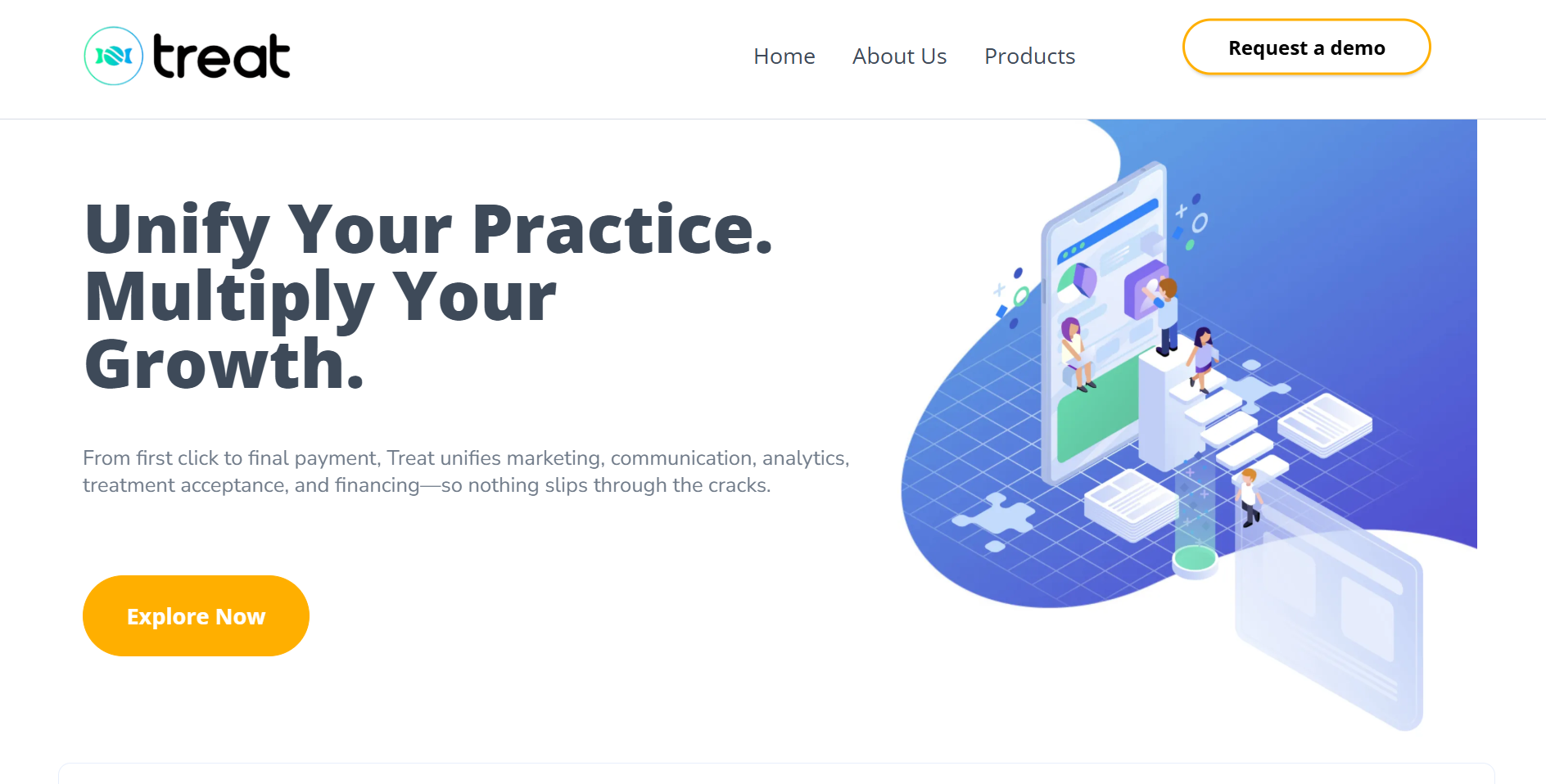 The Treat homepage, headlined “Unify Your Practice. Multiply Your Growth.”