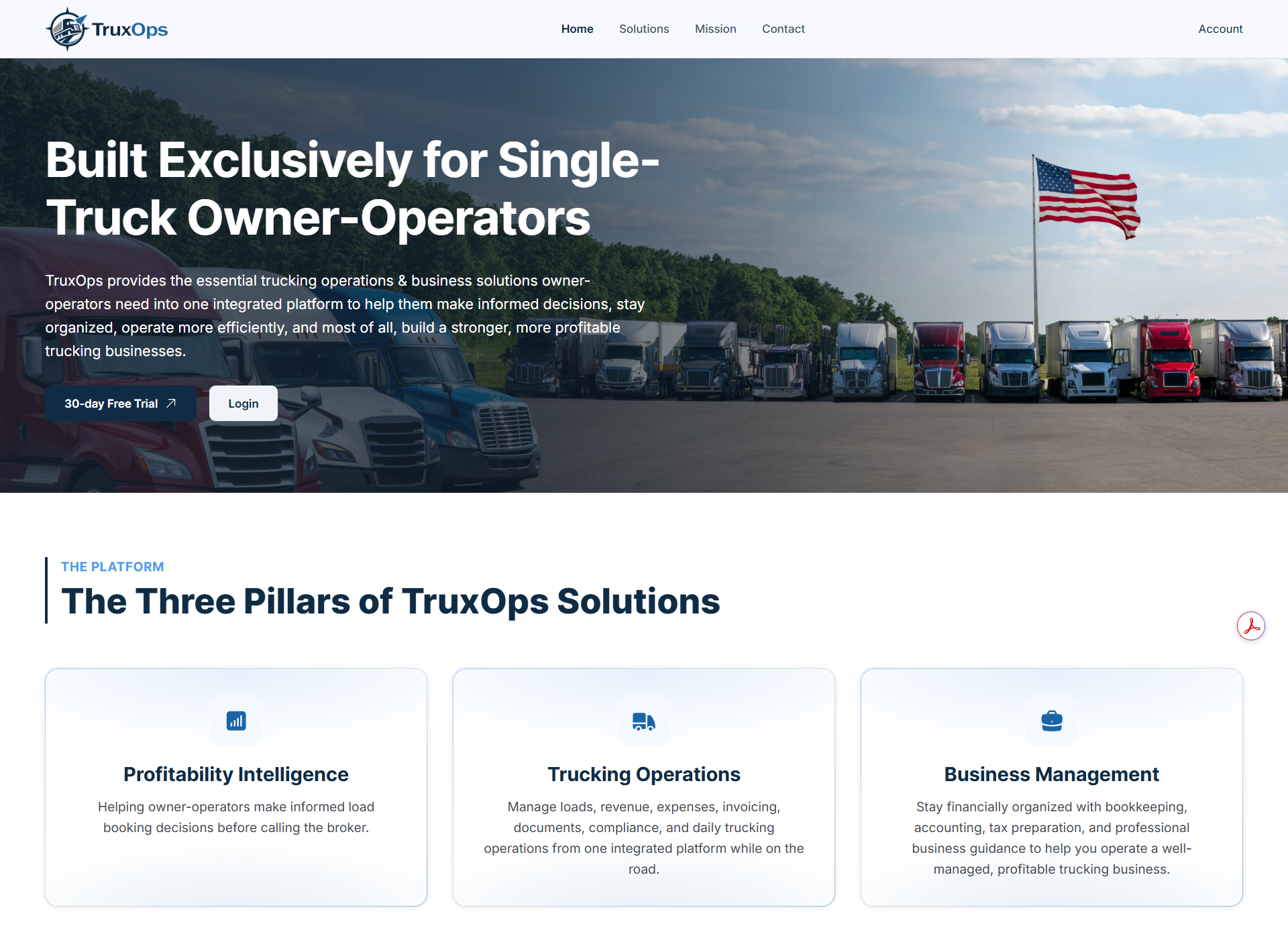 The TruxOps homepage, headlined “Built Exclusively for Single truck Owner Operators.”