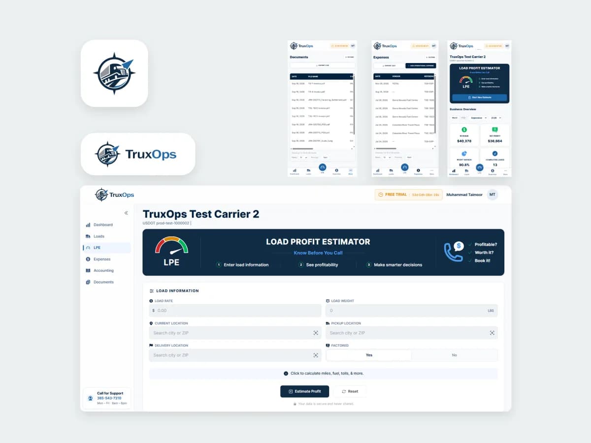 The TruxOps logo beside its Load Profit Estimator dashboard and three mobile screens: documents, expenses and the business overview