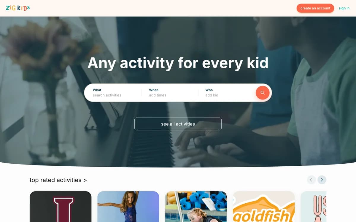 The Zig Kids homepage, headlined “Any activity for every kid”, with a what, when and who activity search